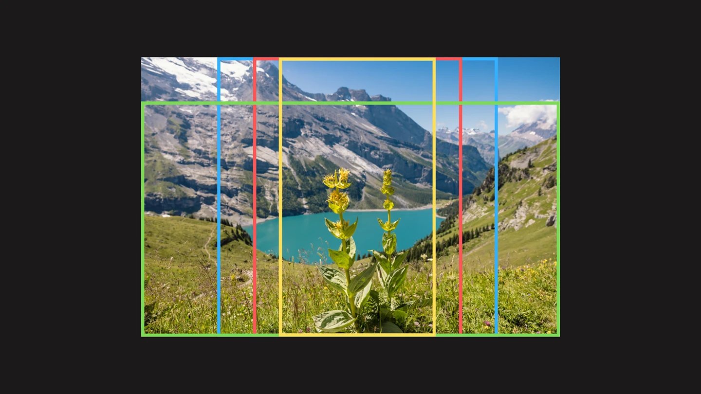 Bergsee mit gelbem Enzian, farbige Rahmen zeigen verschiedene Bildformate im selben Foto