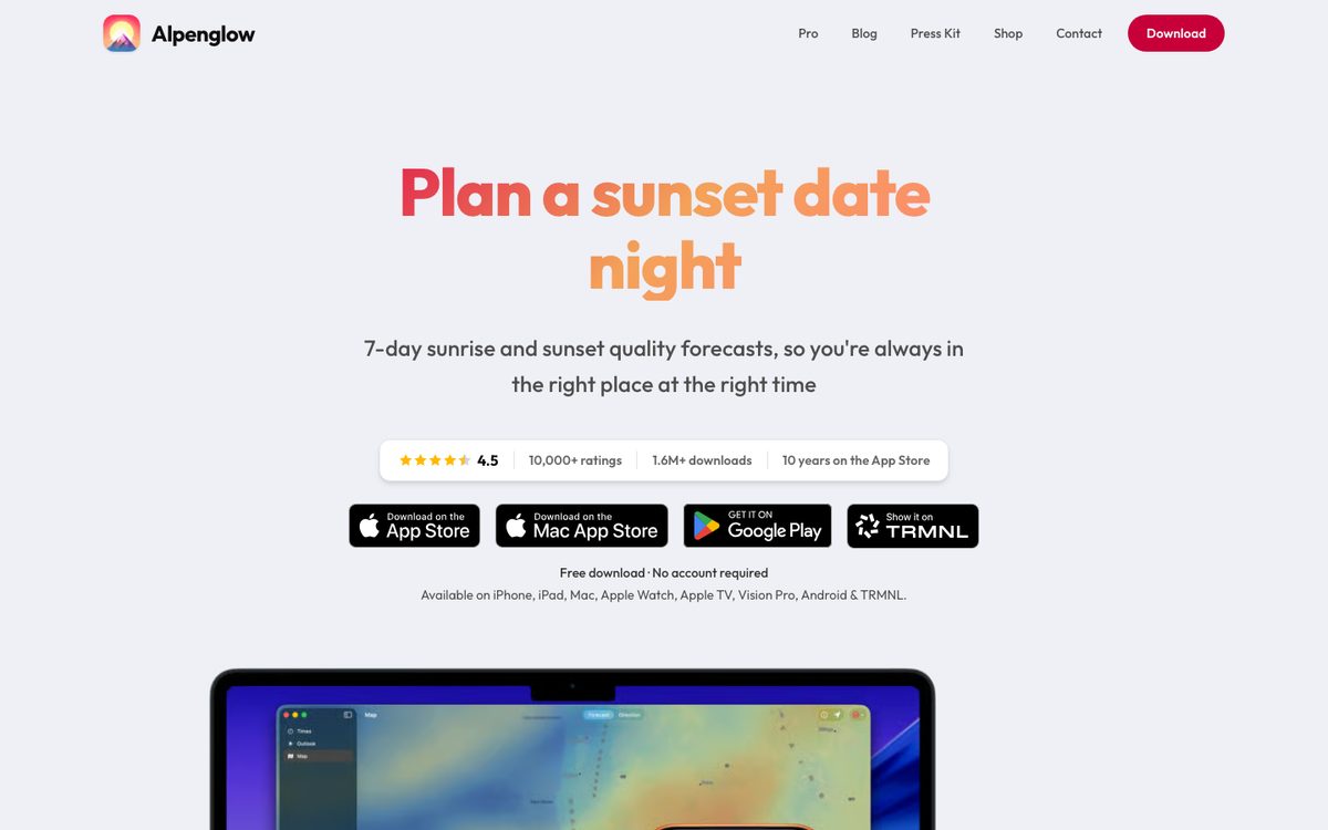 Startseite von Alpenglow mit der App auf Laptop und Smartphone