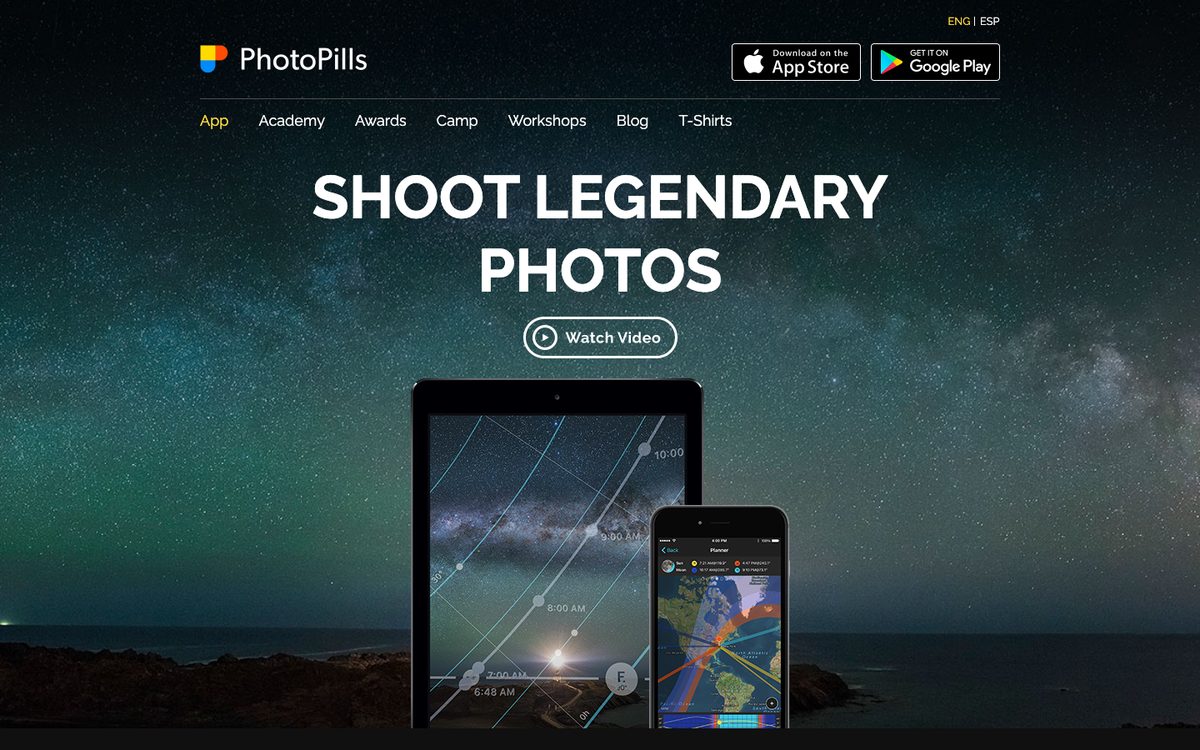 Startseite von PhotoPills mit der App auf Tablet und Smartphone