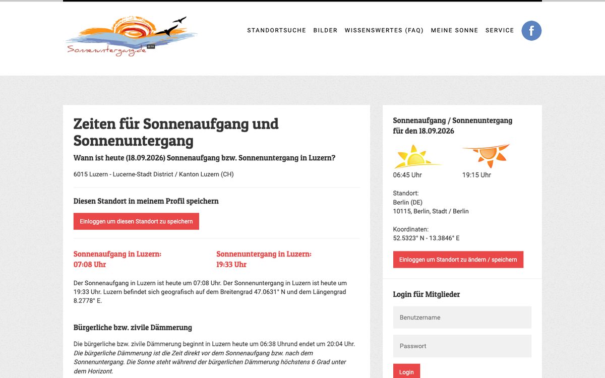 Seite von sonnenuntergang.de mit den Zeiten für Luzern