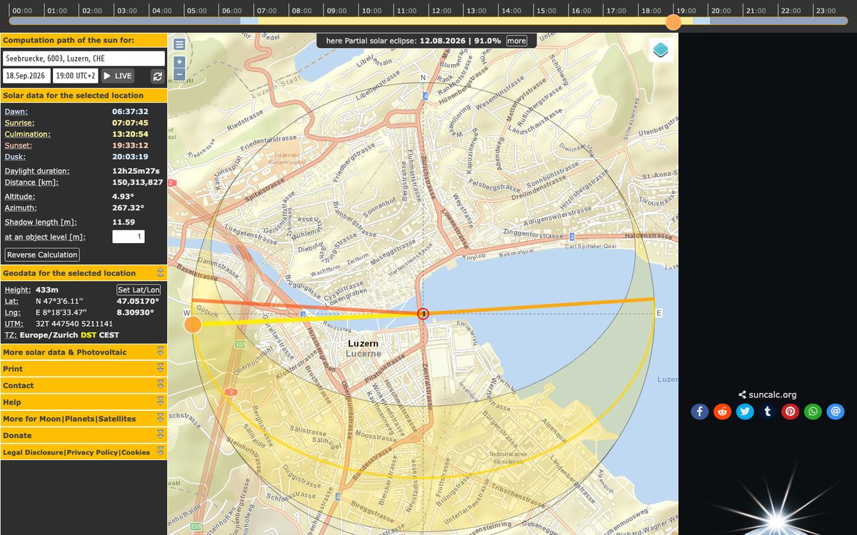 SunCalc mit der Sonnenbahn über Luzern auf der Karte