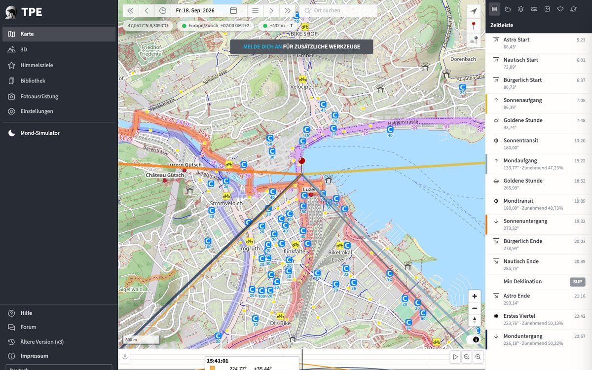The Photographer's Ephemeris mit einem Punkt auf der Seebrücke Luzern und den Linien für Sonnenaufgang und Sonnenuntergang